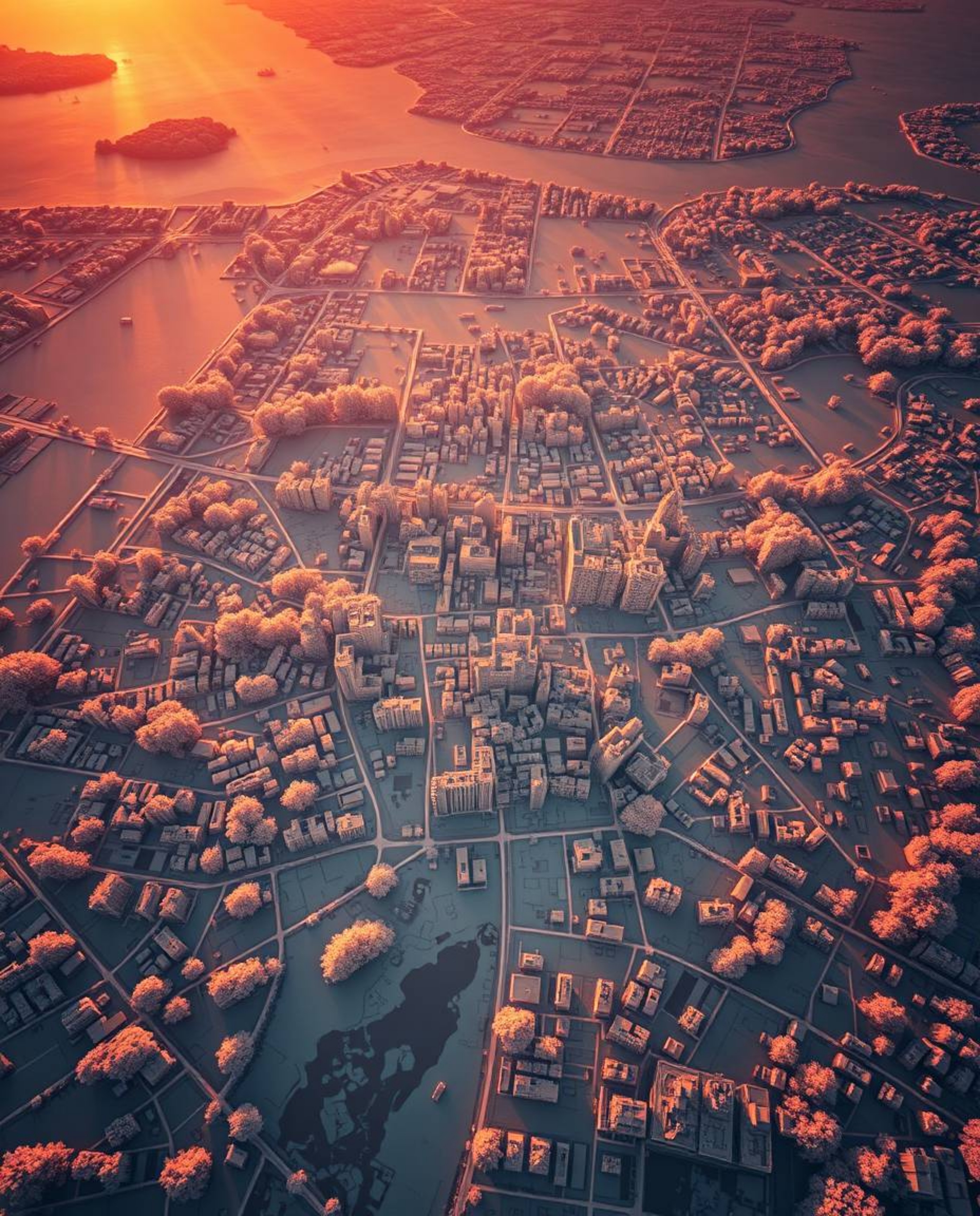 Experience a surreal infrared image of an abstract city map composed of geometric shapes, bathed in the warm golden hour ligh