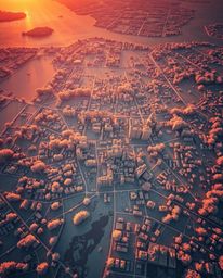 Experience a surreal infrared image of an abstract city map composed of geometric shapes, bathed in the warm golden hour ligh