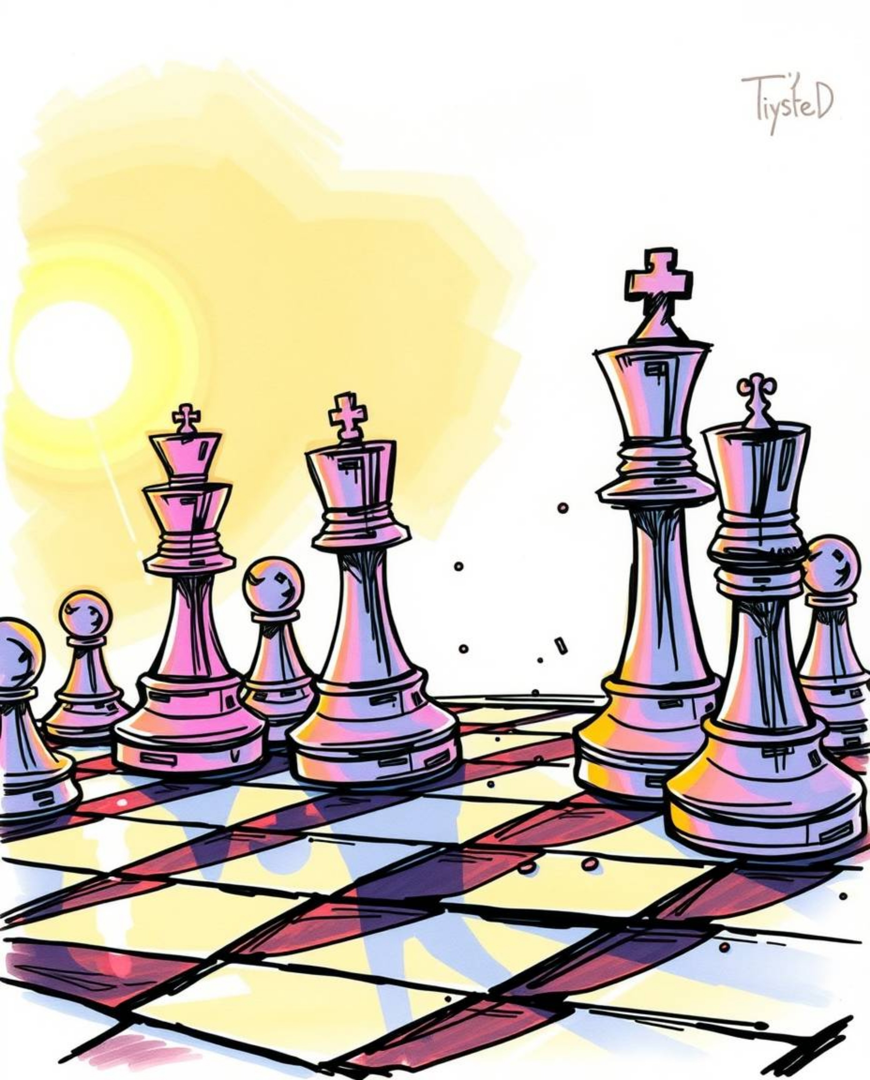 A captivating hand-drawn sketch depicts a chessboard in mid-air chaos. Chess pieces are frozen mid-destruction, bathed in the