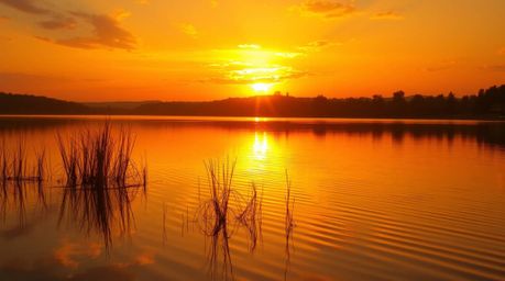 Experience the tranquility of a serene lake reflecting a vivid sunset with a warm golden glow. This adorable and cute style e