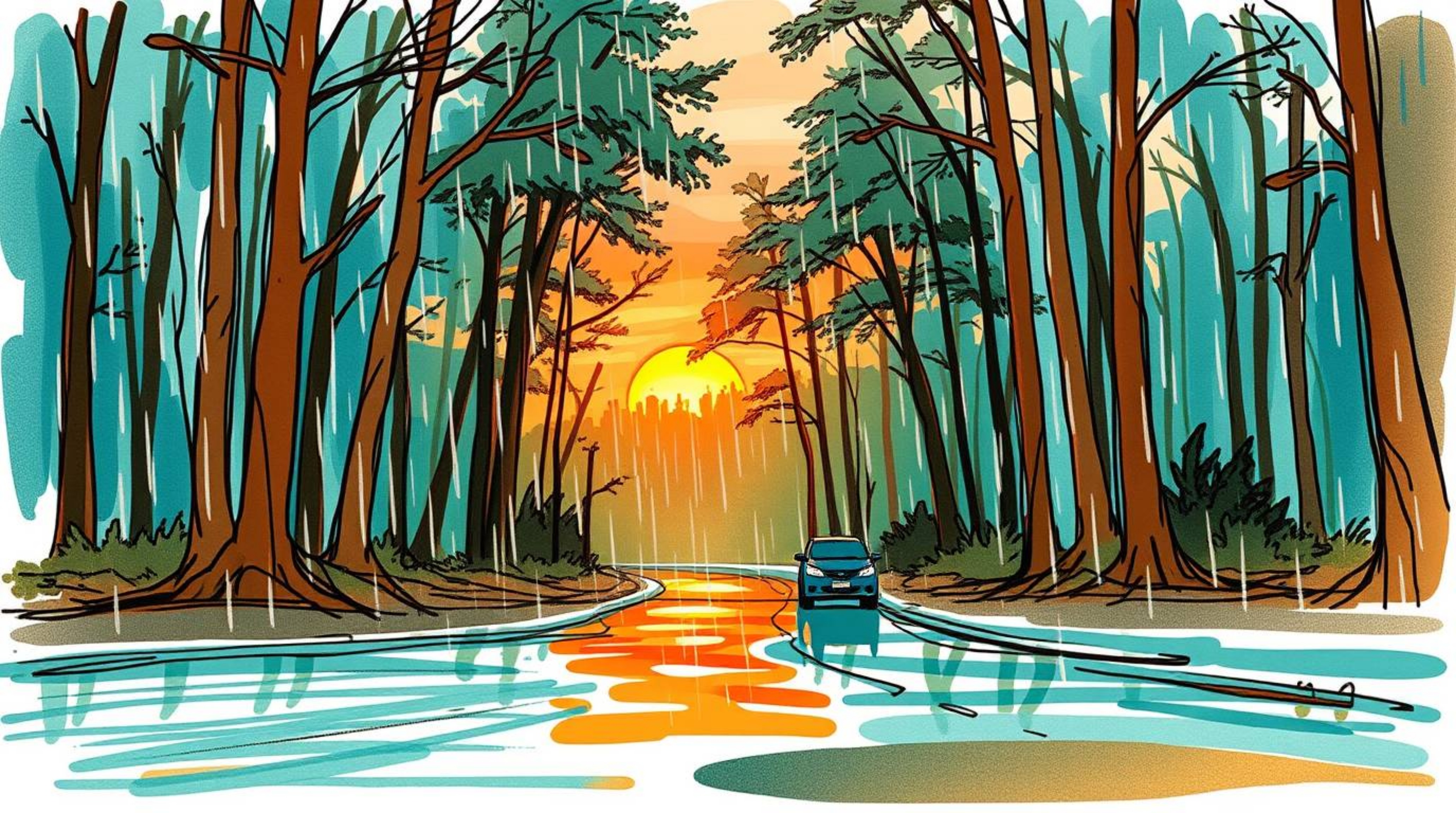 A captivating hand-drawn sketch depicting a wet rainy scene at sunset.  Warm terracotta and cool teal colors contrast beautif