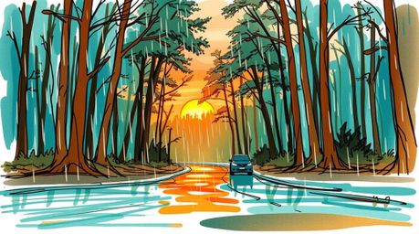 A captivating hand-drawn sketch depicting a wet rainy scene at sunset.  Warm terracotta and cool teal colors contrast beautif