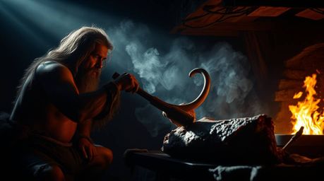A captivating image depicting a caveman cooking mammoth meat, rendered in a moody chiaroscuro style.  The artwork utilizes st