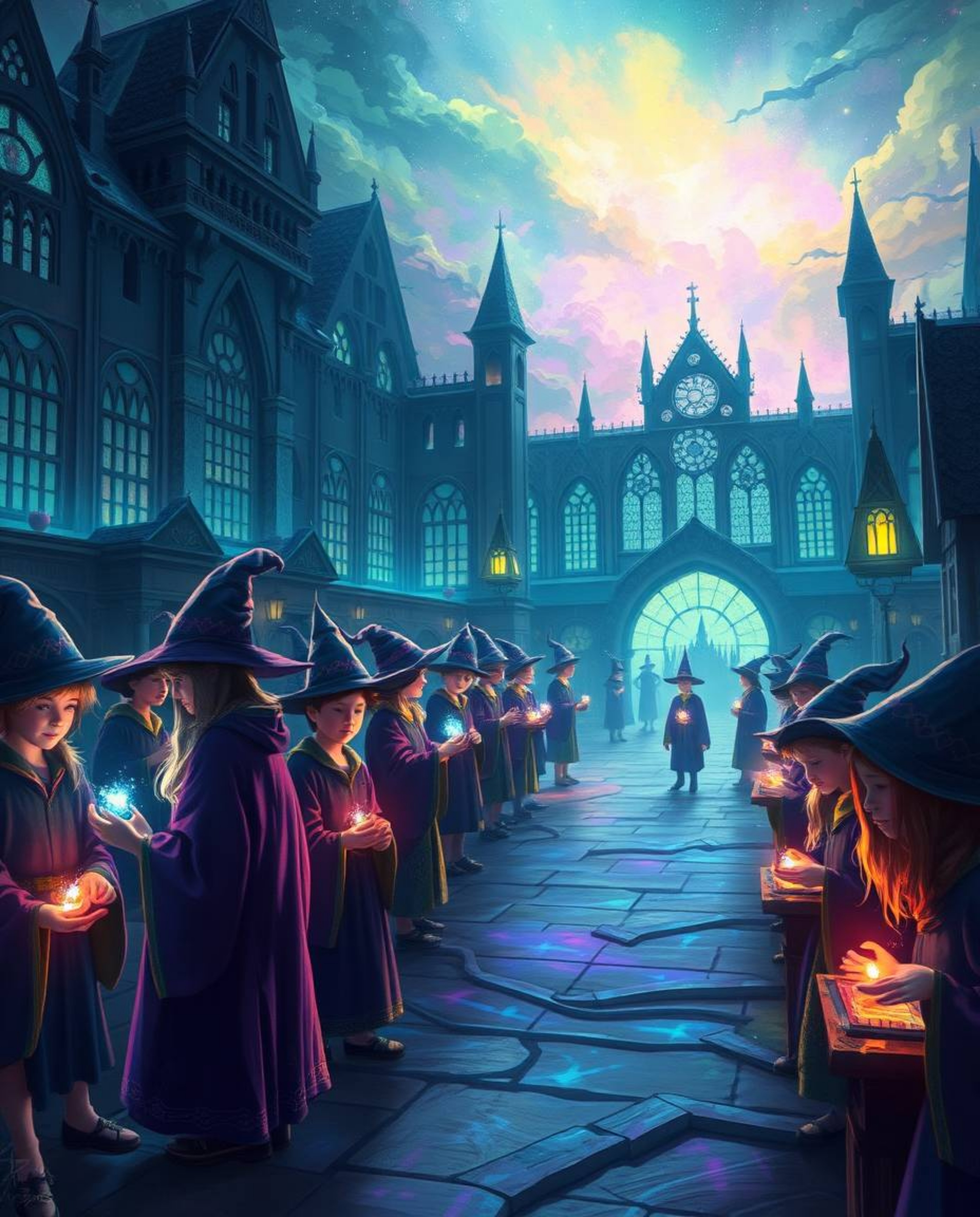 Immerse yourself in a vibrant digital painting depicting a magical school teeming with young wizards. The artwork showcases s