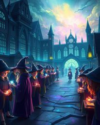 Immerse yourself in a vibrant digital painting depicting a magical school teeming with young wizards. The artwork showcases s