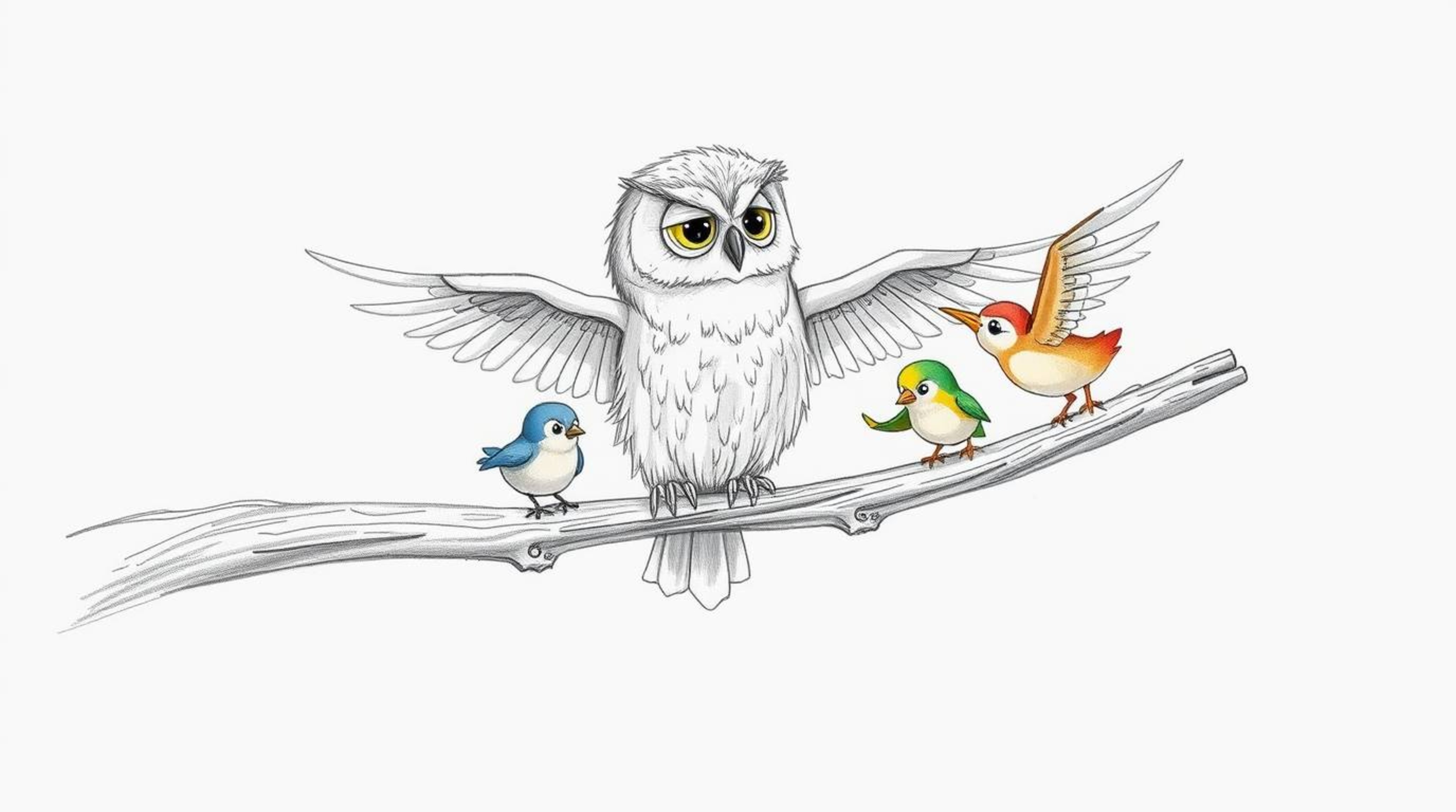 A heartwarming hand-drawn sketch in Pixar style depicts a blind owl with downy feathers, gracefully guiding colorful fledglin