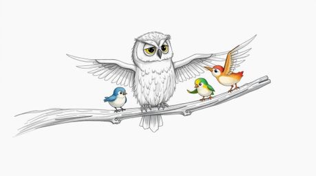 A heartwarming hand-drawn sketch in Pixar style depicts a blind owl with downy feathers, gracefully guiding colorful fledglin