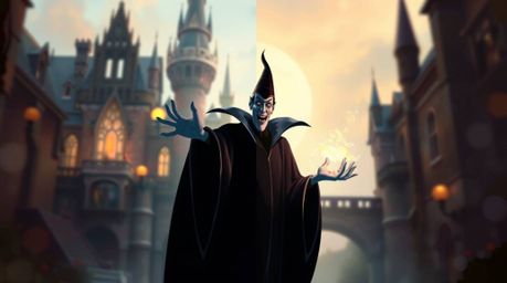 A captivating digital painting showcases a classic Disney villain casting a spell within the walls of an ancient castle.  The
