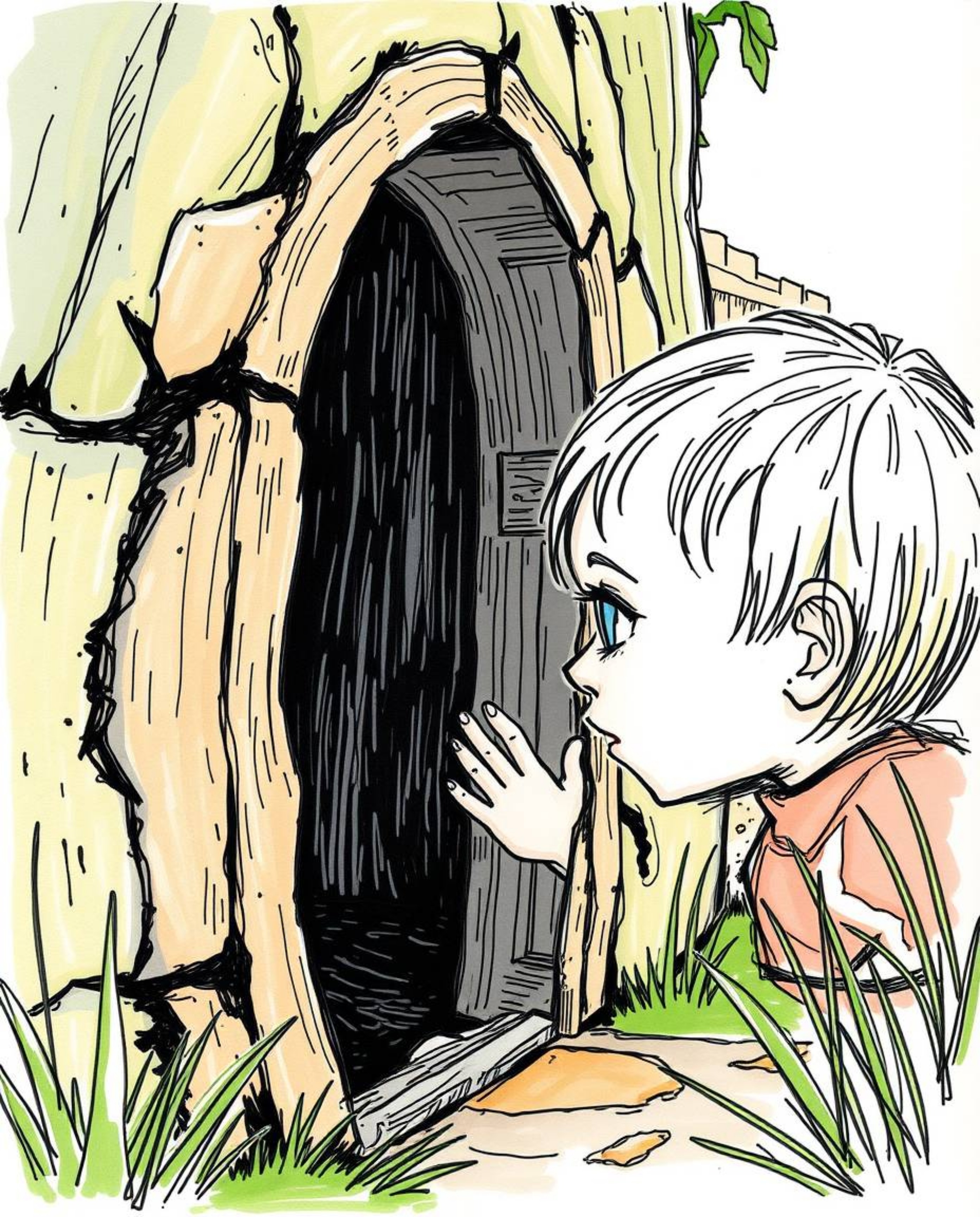 A captivating hand-drawn sketchnote depicts a child's wondrous discovery of a magical portal hidden in their backyard. The de