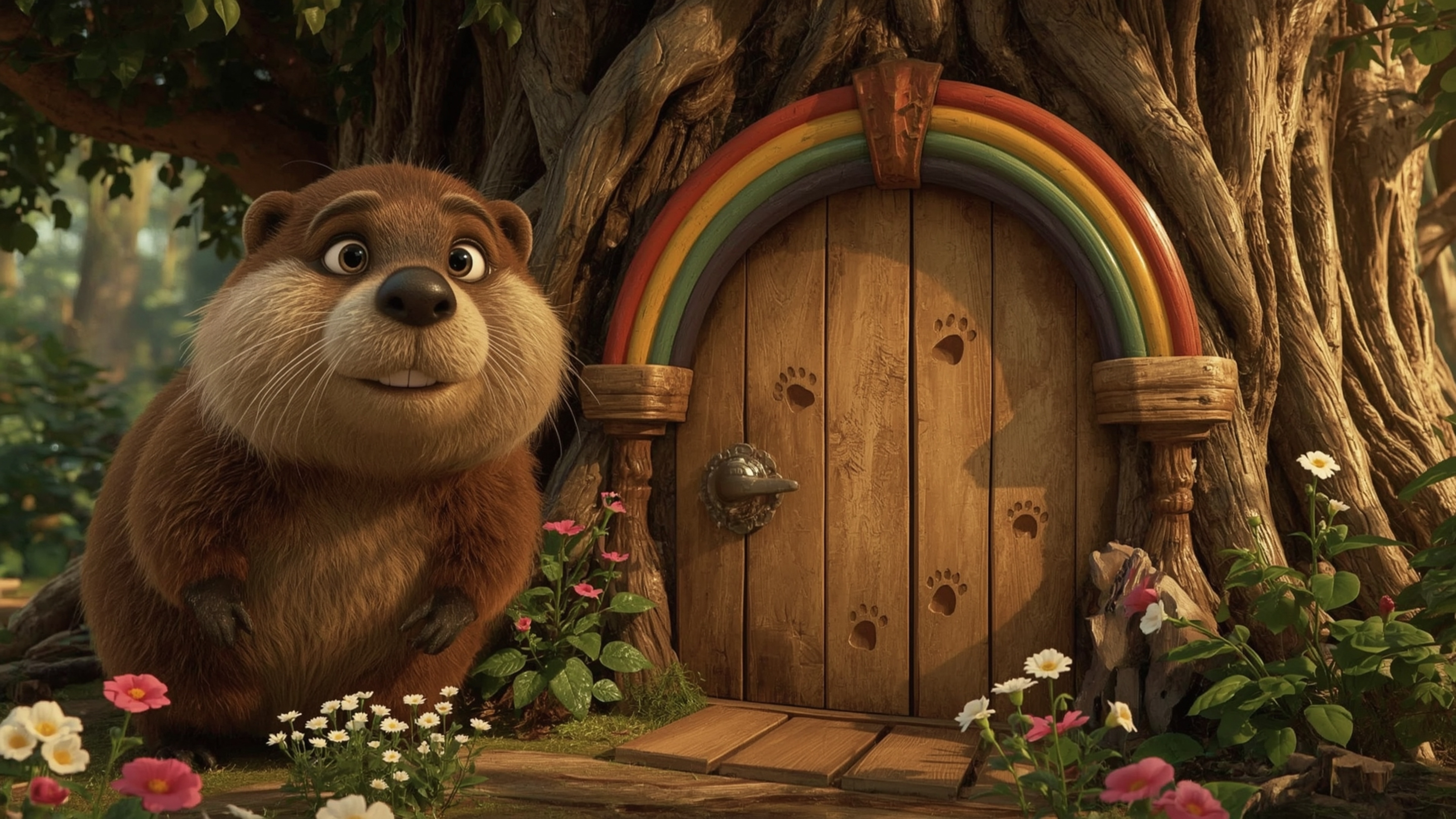 A high-resolution stock photo captures a beaver with shiny brown fur and a gentle smile, meticulously building the perfect tr