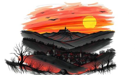 Discover a captivating hand-drawn sketch depicting a cozy village nestled in a valley beneath a vibrant, colorful sky.  The w