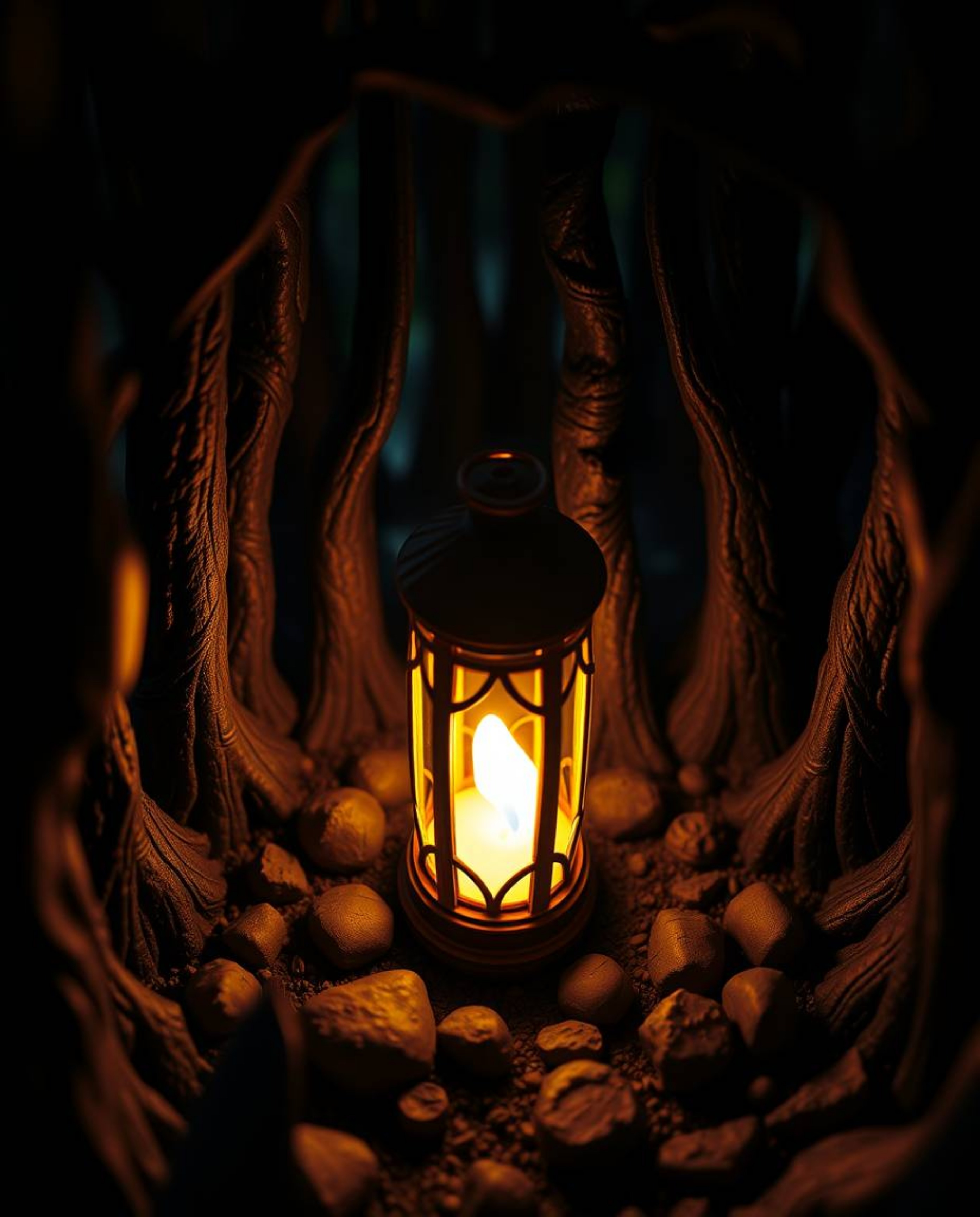 Discover a captivating high-angle sculptural clay artwork depicting a glowing lantern nestled within a dark forest.  The piec