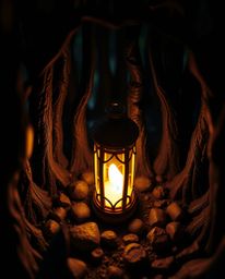 Discover a captivating high-angle sculptural clay artwork depicting a glowing lantern nestled within a dark forest.  The piec