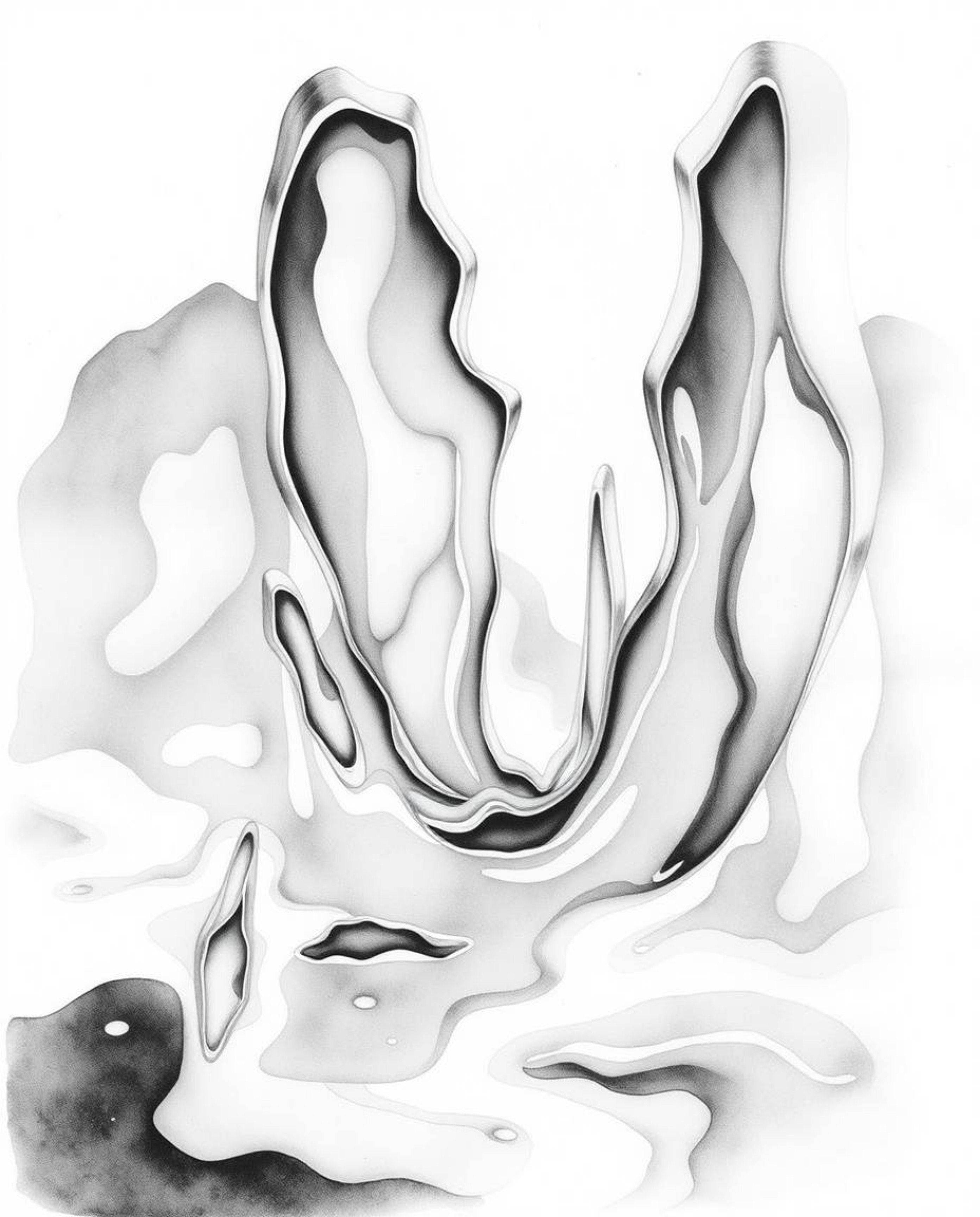 This delicate black and white watercolor painting presents a surreal and hyperrealistic sci-fi environment. The artwork featu