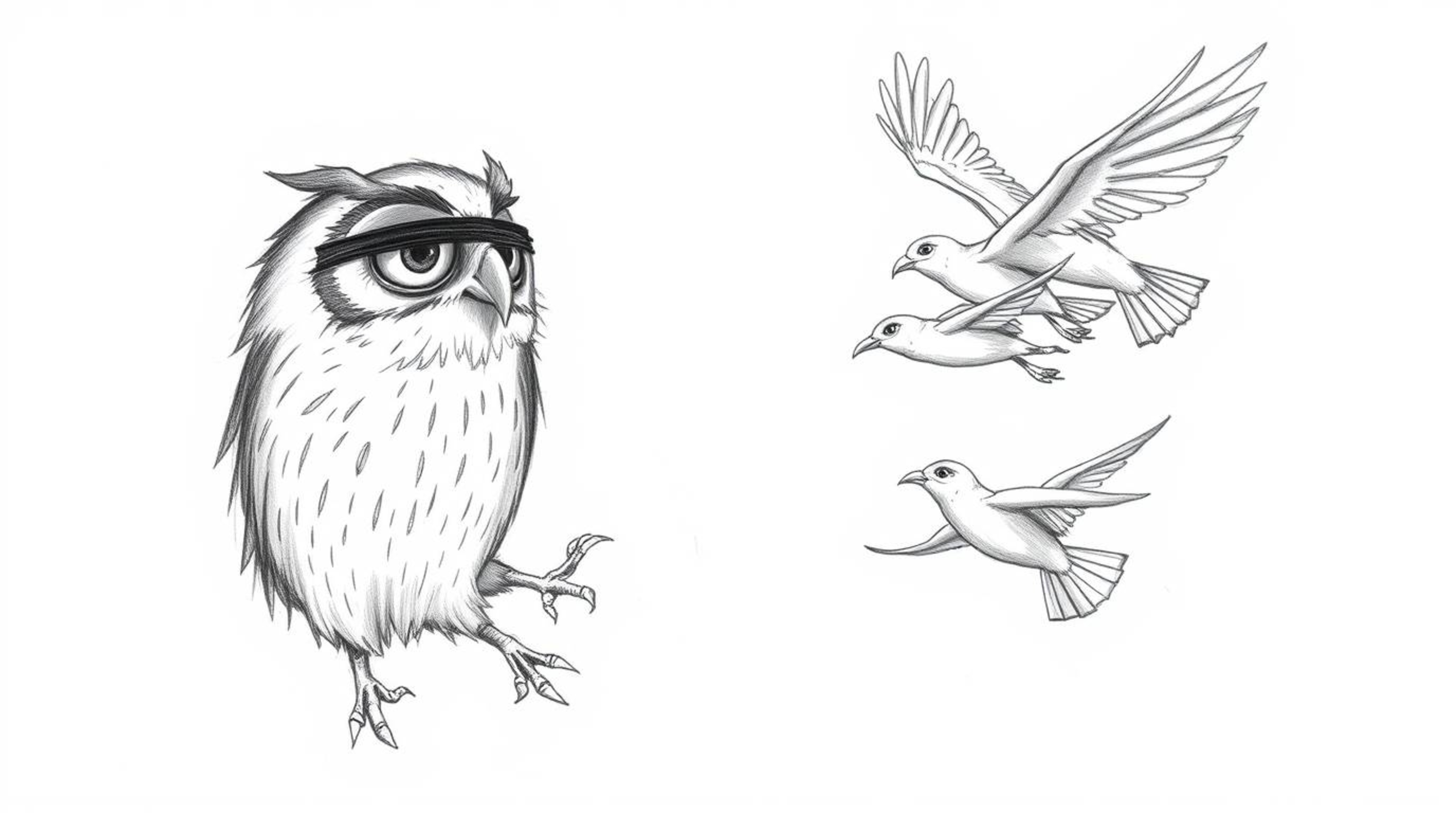 A captivating hand-drawn sketch in the style of Pixar depicts a blind owl uniquely teaching a flock of birds to fly.  The dyn