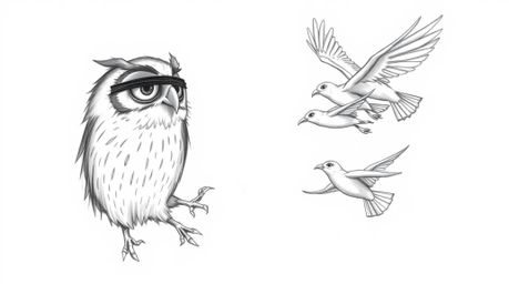 A captivating hand-drawn sketch in the style of Pixar depicts a blind owl uniquely teaching a flock of birds to fly.  The dyn
