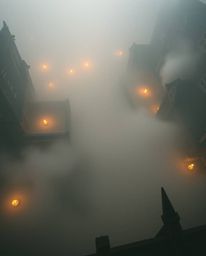 Experience a breathtaking, high-angle view of a magical school bustling with young wizards, shrouded in thick fog that limits