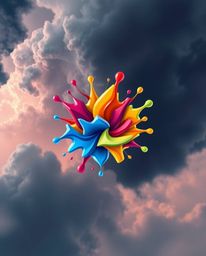 This intense, dramatic logo design features abstract 3D colorful splash shapes floating in a surreal digital space.  Stormy s