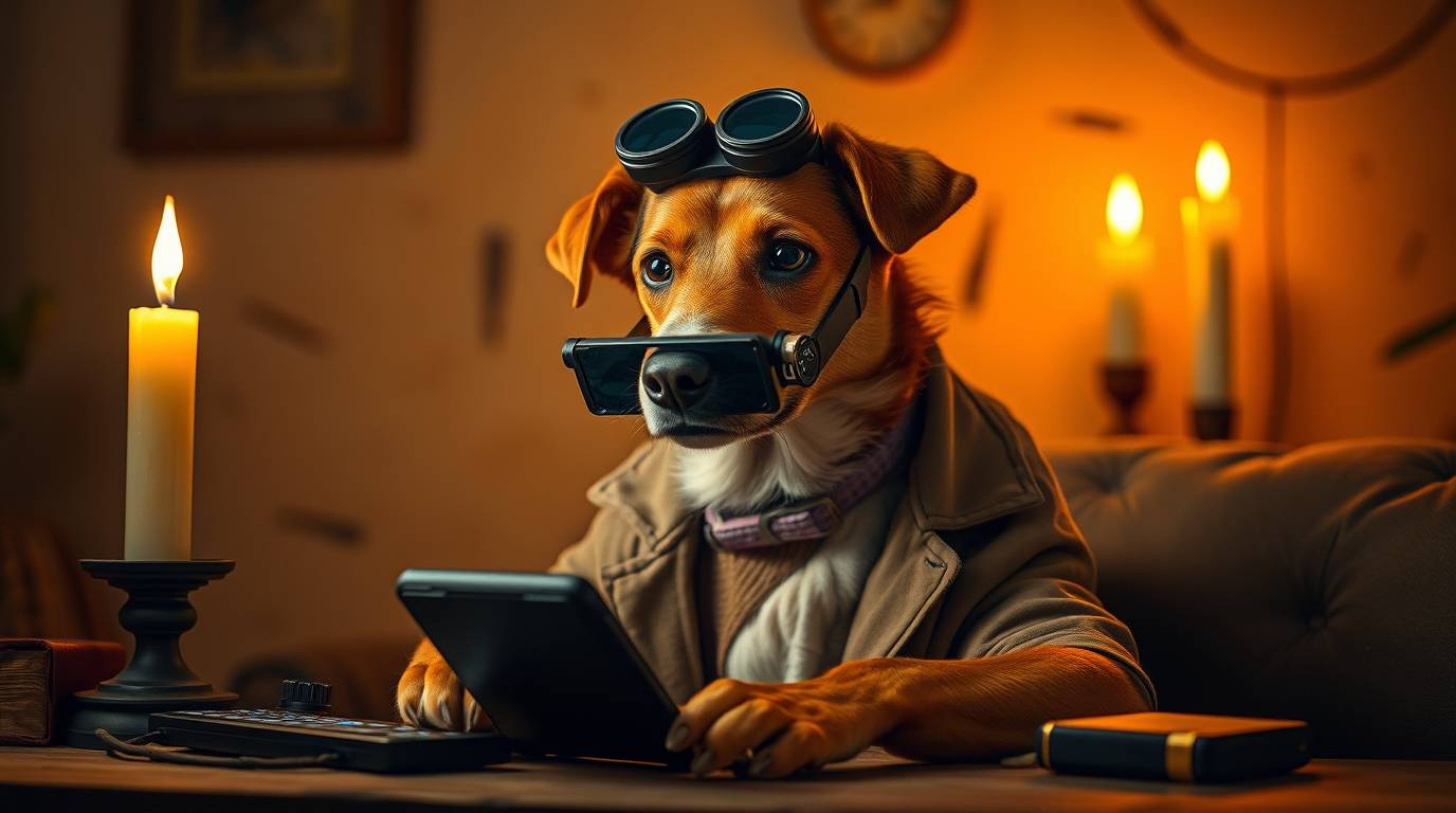 A dog detective, equipped with high-tech gadgets, investigates a mystery illuminated by the warm glow of candlelight.  Set ag