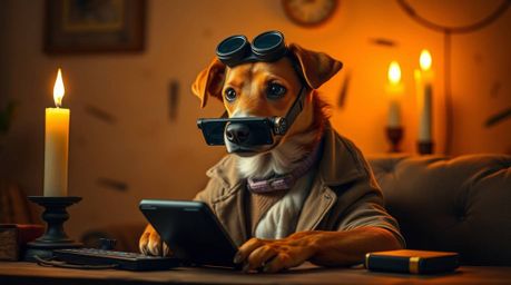 A dog detective, equipped with high-tech gadgets, investigates a mystery illuminated by the warm glow of candlelight.  Set ag
