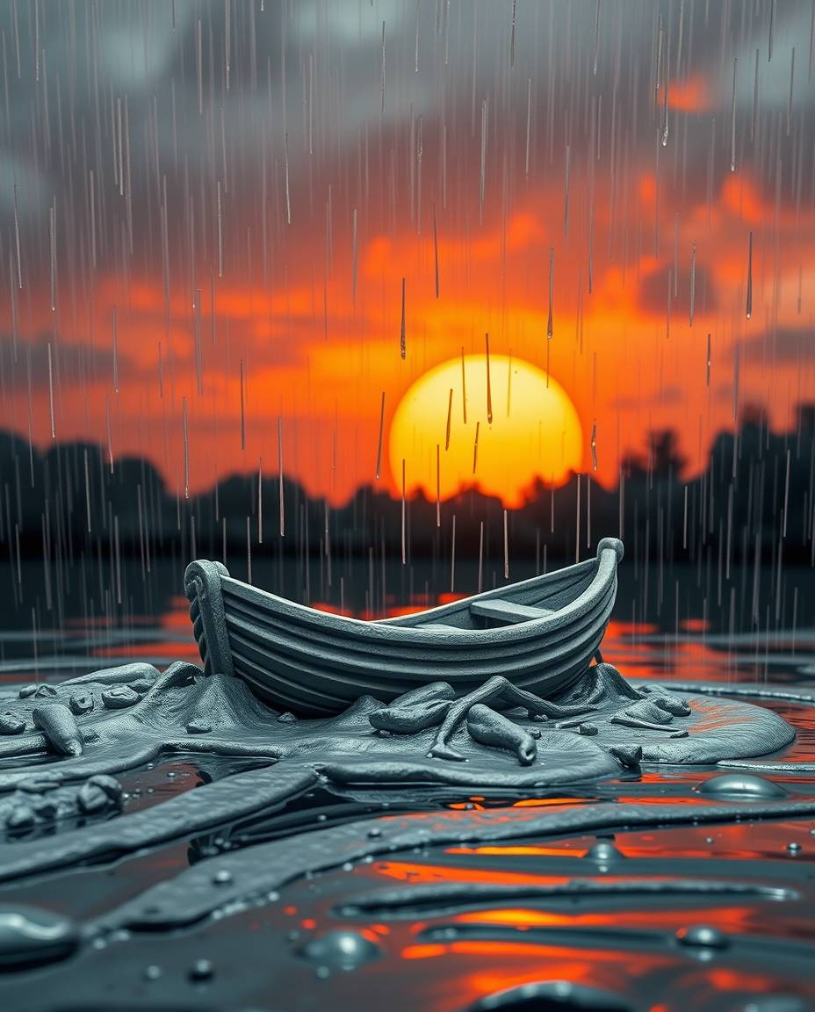 Sculptural clay artwork depicting a boat dynamically drifting on a lake during a rainy sunset. Modeled shapes, textured surfa