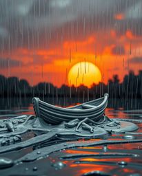 Sculptural clay artwork depicting a boat dynamically drifting on a lake during a rainy sunset. Modeled shapes, textured surfa