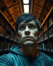 A person with a determined expression and light skin makes an exciting discovery – a hidden underground library in a modern, 