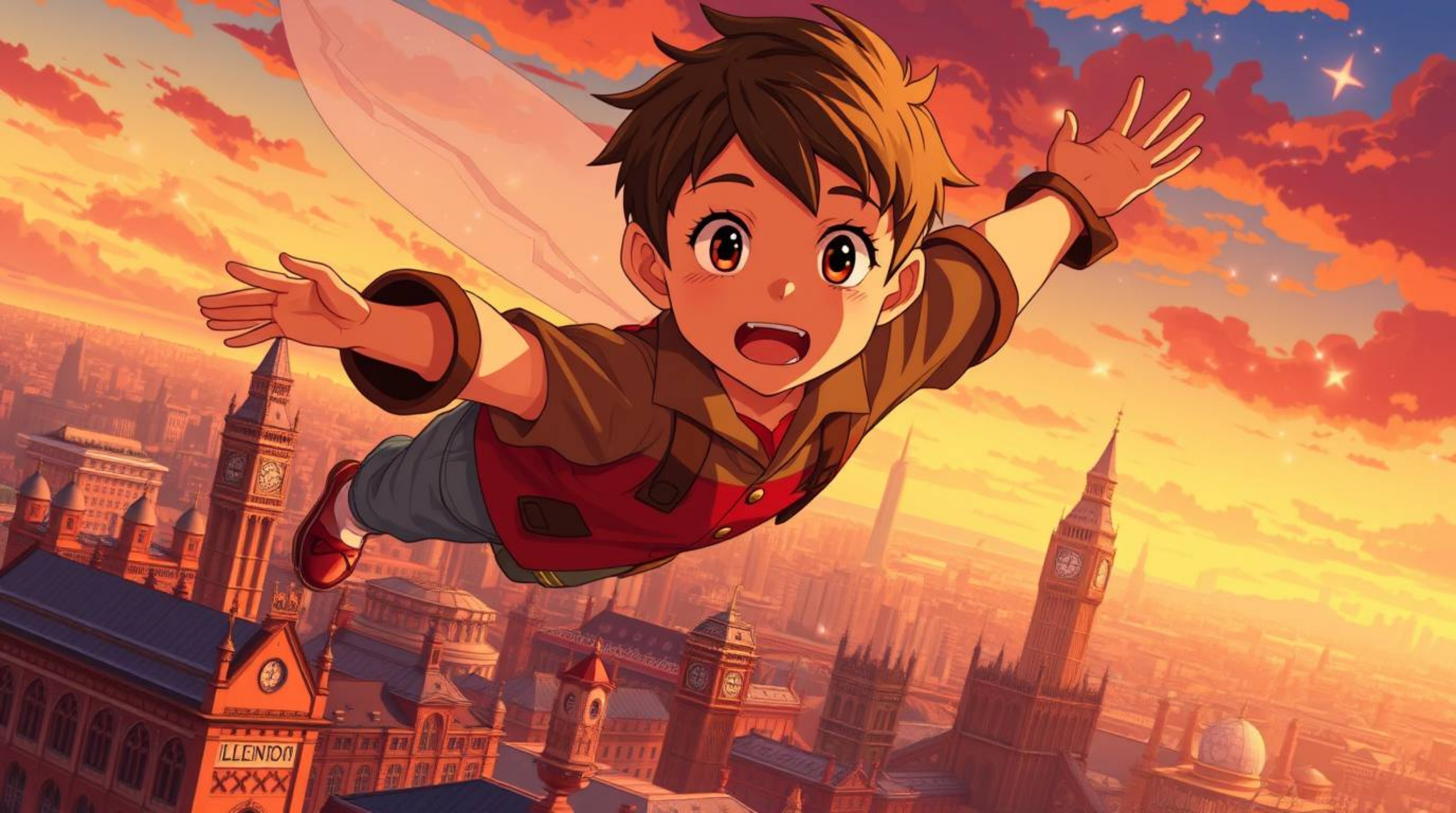 Experience a vibrant isekai anime-style depiction of a young boy with expressive features soaring above the iconic London sky
