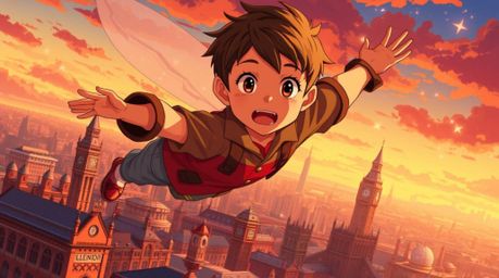 Experience a vibrant isekai anime-style depiction of a young boy with expressive features soaring above the iconic London sky