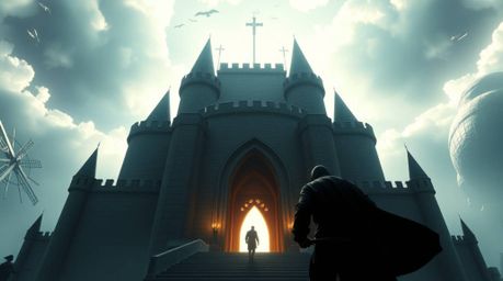 Witness a daring thief infiltrate a grand, modern, and futuristic castle, a scene rendered on an epic scale. The image featur