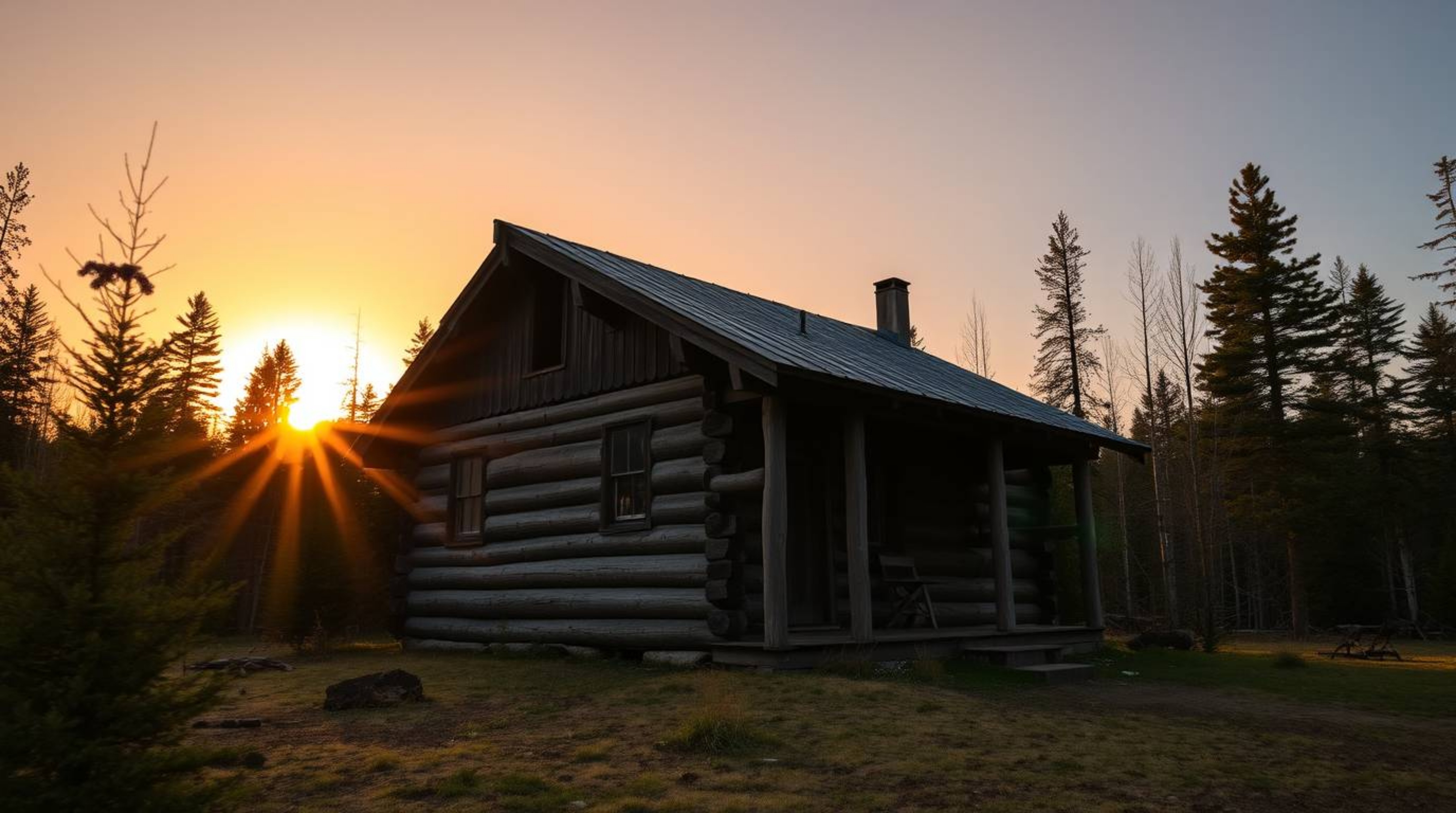 A precise architectural color photograph showcasing an old wooden cabin nestled in the woods at sunset. The image features sh
