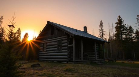 A precise architectural color photograph showcasing an old wooden cabin nestled in the woods at sunset. The image features sh
