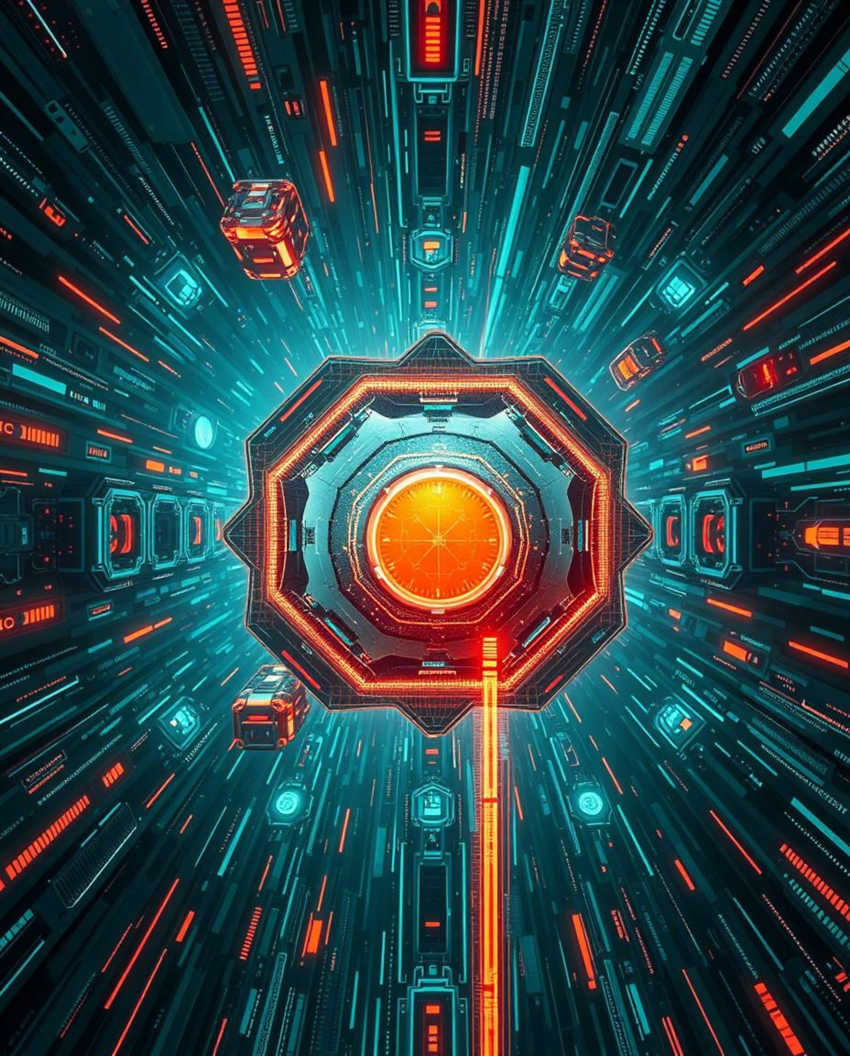 Experience a futuristic sci-fi scene from a unique overhead perspective. Glitched geometric shapes float in a vibrant cybersp