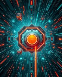 Experience a futuristic sci-fi scene from a unique overhead perspective. Glitched geometric shapes float in a vibrant cybersp