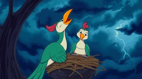A captivating illustration showcases two graceful cartoon birds meticulously constructing their nest against a backdrop of a