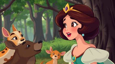 A vibrant princess with captivating features sings to a group of forest animals in a charming vintage 2D animation style. The