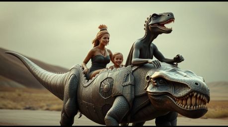 A graceful and elegant depiction of a prehistoric family with refined features and earth-toned skin riding a polished bronze 