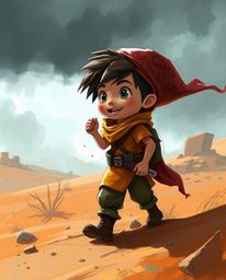A captivating digital sketch showcases a brave and adorable Disney-style hero embarking on an epic desert adventure.  Rendere
