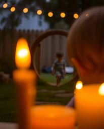 A captivating image of a child discovering a magical portal in their backyard, bathed in warm candlelight and soft bokeh. Th