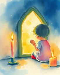 A captivating watercolor painting depicts a child's wondrous discovery of a magical portal bathed in warm candlelight. Trans
