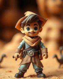 A brave, Disney-style hero embarks on a thrilling desert adventure.  This image features a sculpted papier-mâché texture, lay