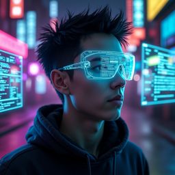 Imagine a futuristic hacker, a digital phantom in a cyberpunk world.  This individual boasts short, spiky black hair and inte