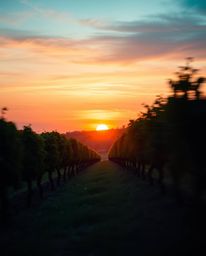 This ethereal and spiritual long-exposure photograph captures a breathtaking sunset over a vineyard. The scene is defined by 