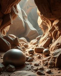 Experience a captivating visual journey with natural earth tones enveloping smooth 3D metallic shapes suspended in zero gravi
