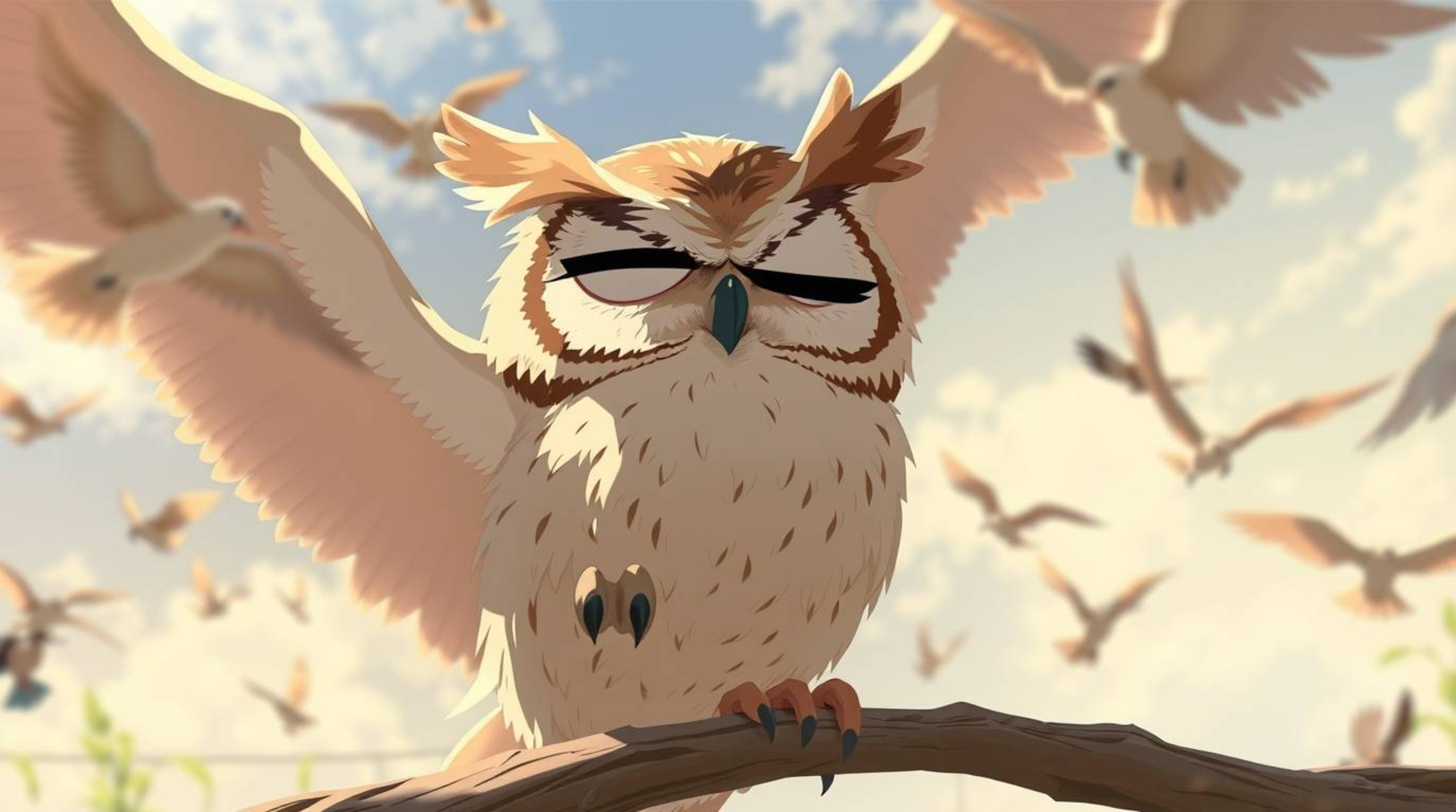 An isekai anime illustration depicting a blind, yet incredibly expressive owl in the style of Pixar. This unique character co