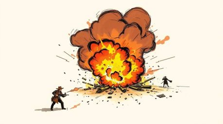 A vibrant hand-drawn sketchnote captures the explosive action of a Wild West TNT detonation.  The artwork utilizes dramatic c