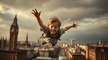 A captivating image of a young boy seemingly flying above the London skyline, dusted with magical pixie particles.  The scene