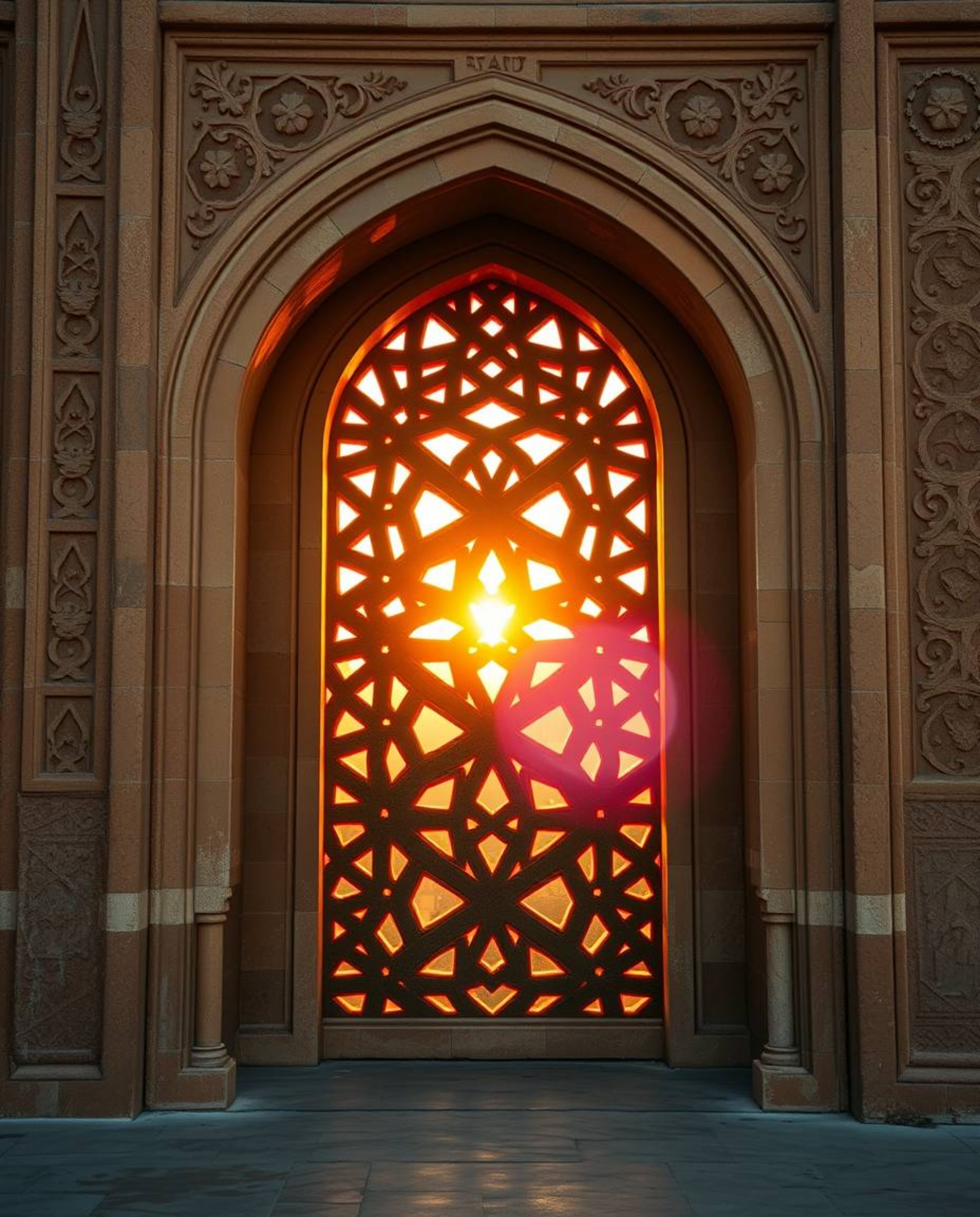 Experience the mesmerizing beauty of intricate Islamic geometric patterns carved in stone, bathed in the warm golden hour lig
