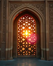 Experience the mesmerizing beauty of intricate Islamic geometric patterns carved in stone, bathed in the warm golden hour lig