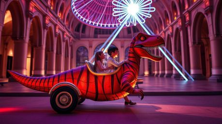 Immerse yourself in precise architectural color photography showcasing a prehistoric family joyriding in a dinosaur car.  Thi